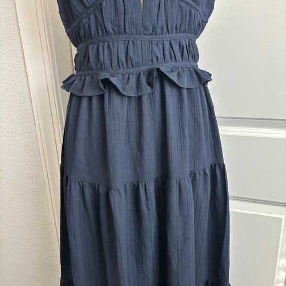 En Saison Milkmaid Smocked Midi Sundress Dress Babydoll Navy Blue Tiered Gauze L - Picture 11 of 13